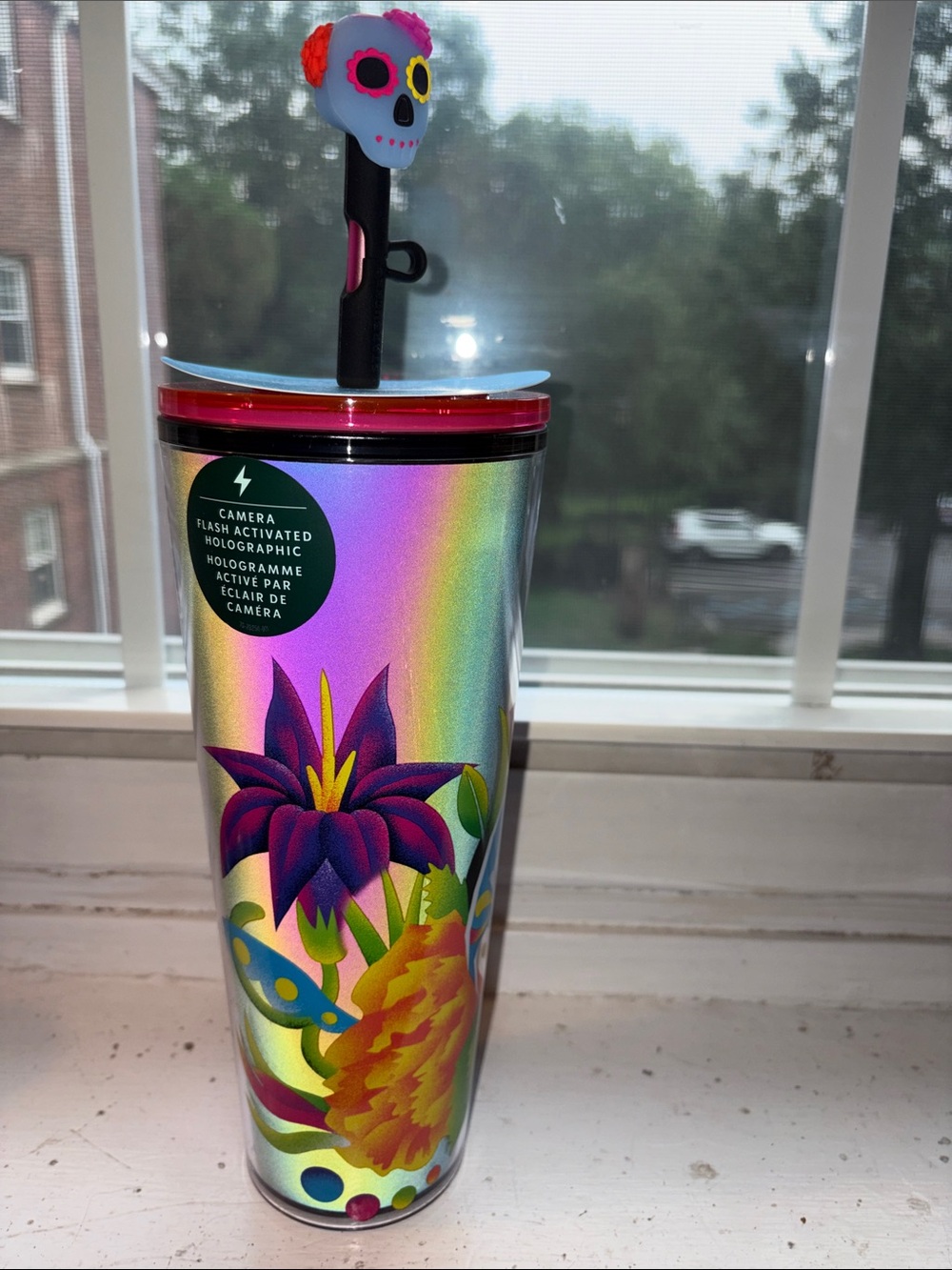 Starbucks Holographic Floral Tumbler with Pink Lid and Skull Straw